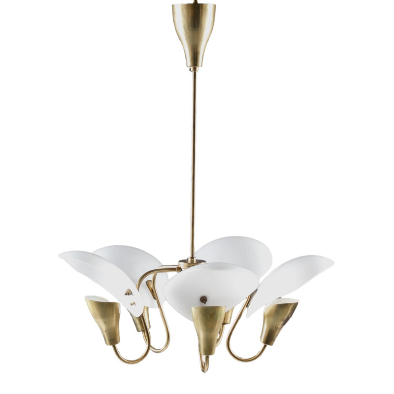 Finnish Chandelier in Brass and Glass by Valinte Oy  - 1940s