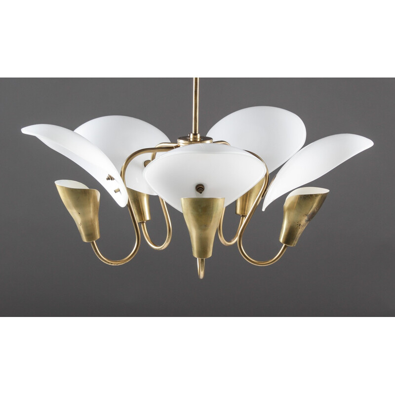 Finnish Chandelier in Brass and Glass by Valinte Oy  - 1940s