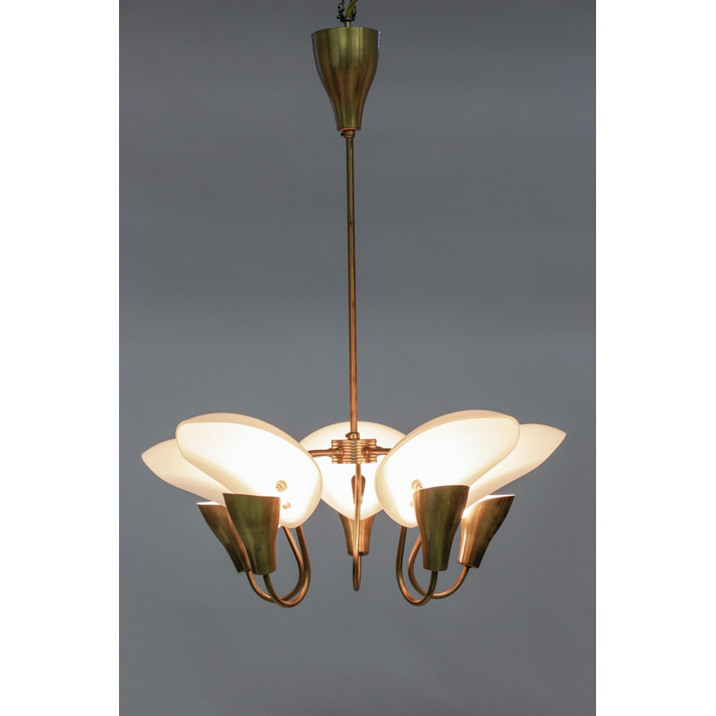 Finnish Chandelier in Brass and Glass by Valinte Oy  - 1940s