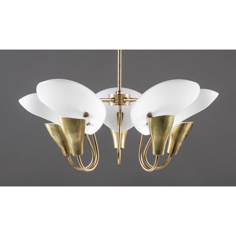 Finnish Chandelier in Brass and Glass by Valinte Oy  - 1940s