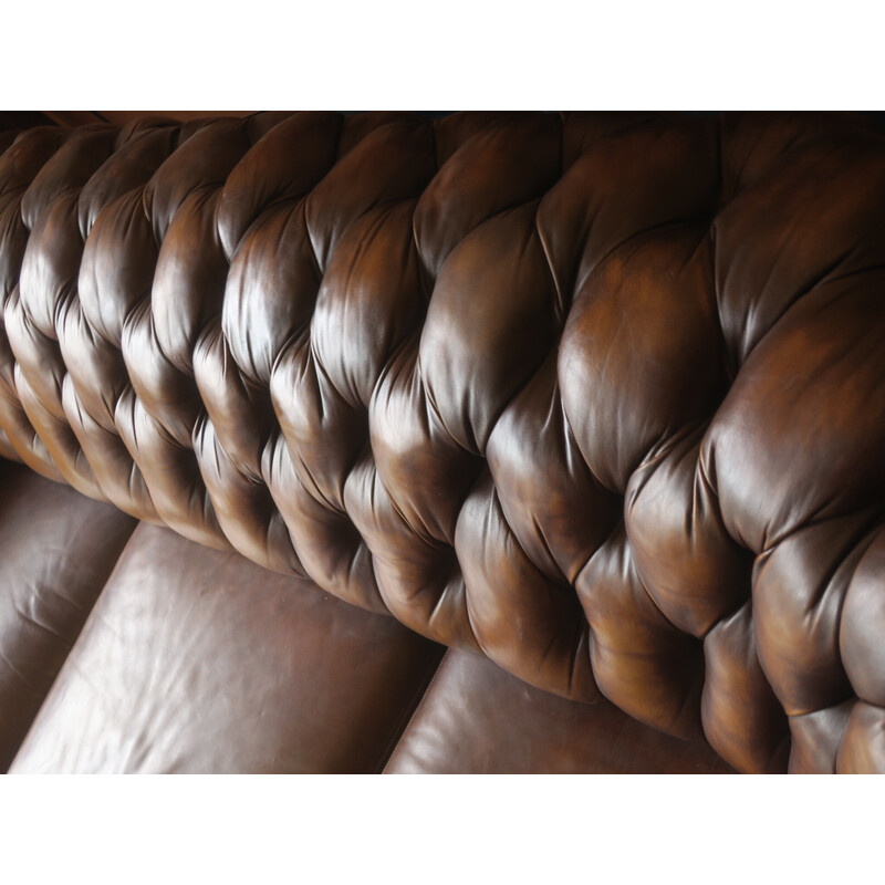 Vintage Chesterfield 3-zitsbank in kastanjekleurig leer