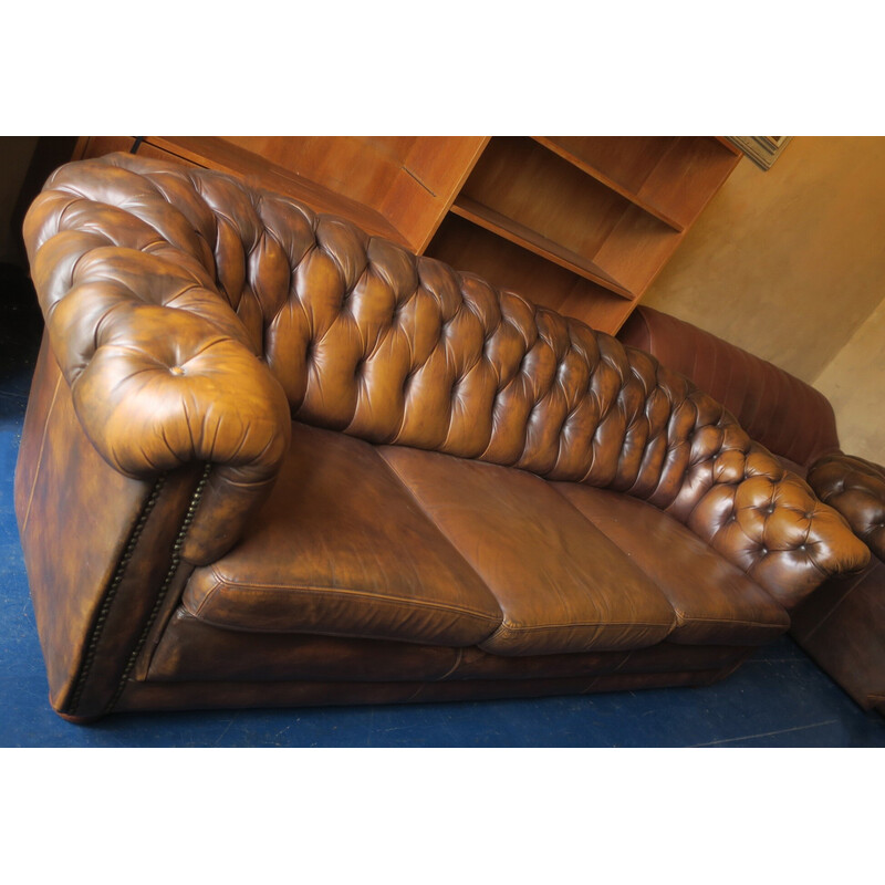 Vintage Chesterfield 3-zitsbank in kastanjekleurig leer