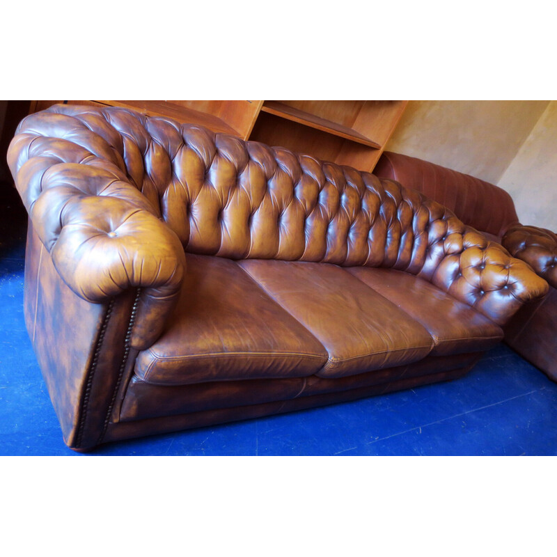 Vintage Chesterfield 3-seater sofa in chestnut-coloured leather