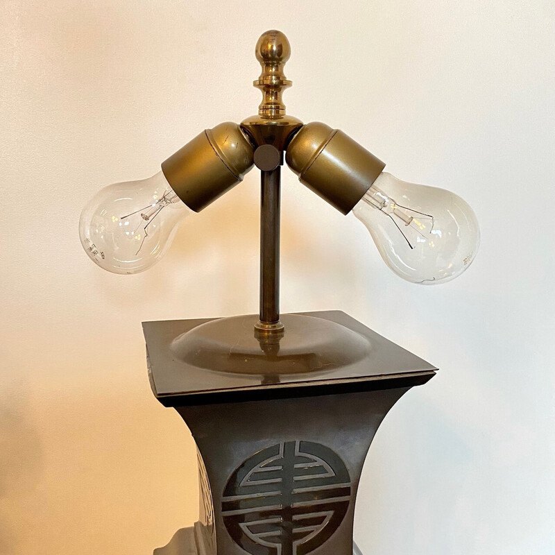 Coppia di lampade da tavolo vintage in ottone e legno, 1970-1980