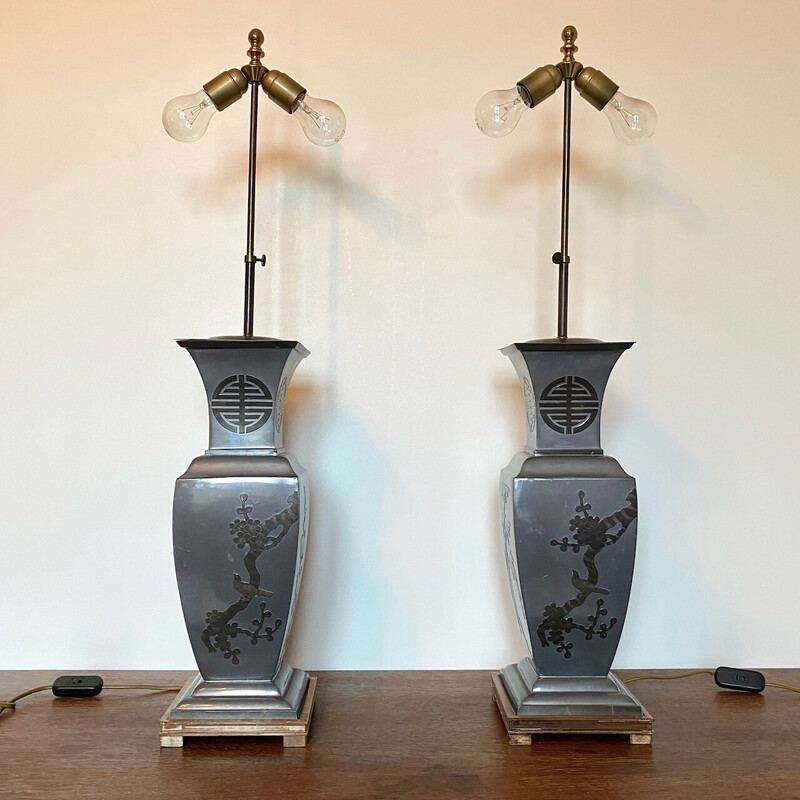 Paire de lampes de table vintage en laiton et bois, 1970-1980
