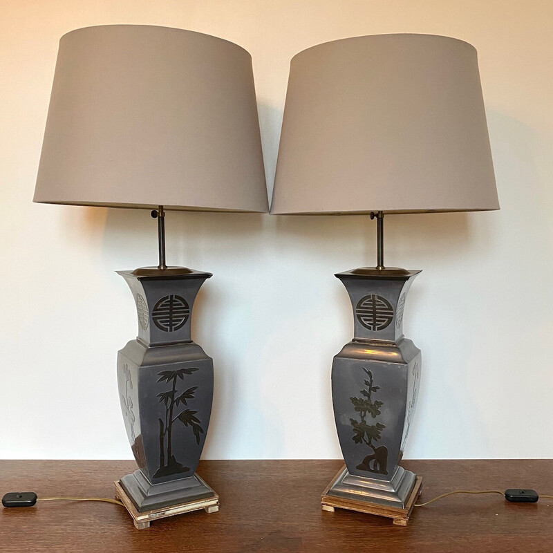 Ein Paar Vintage-Tischlampen aus Messing und Holz, 1970-1980