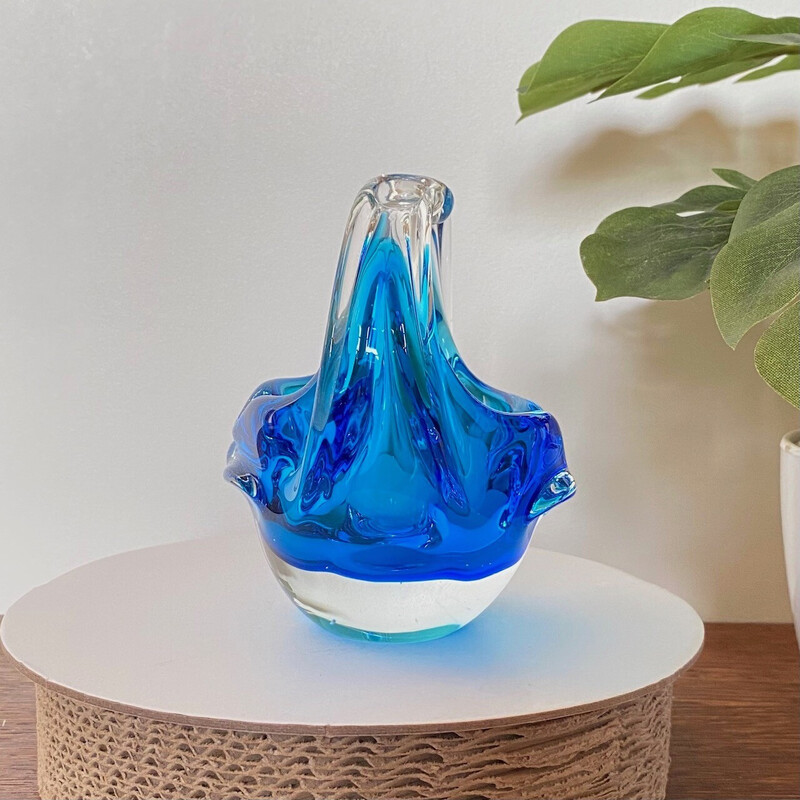 Cuenco vintage de cristal de Murano transparente y azul