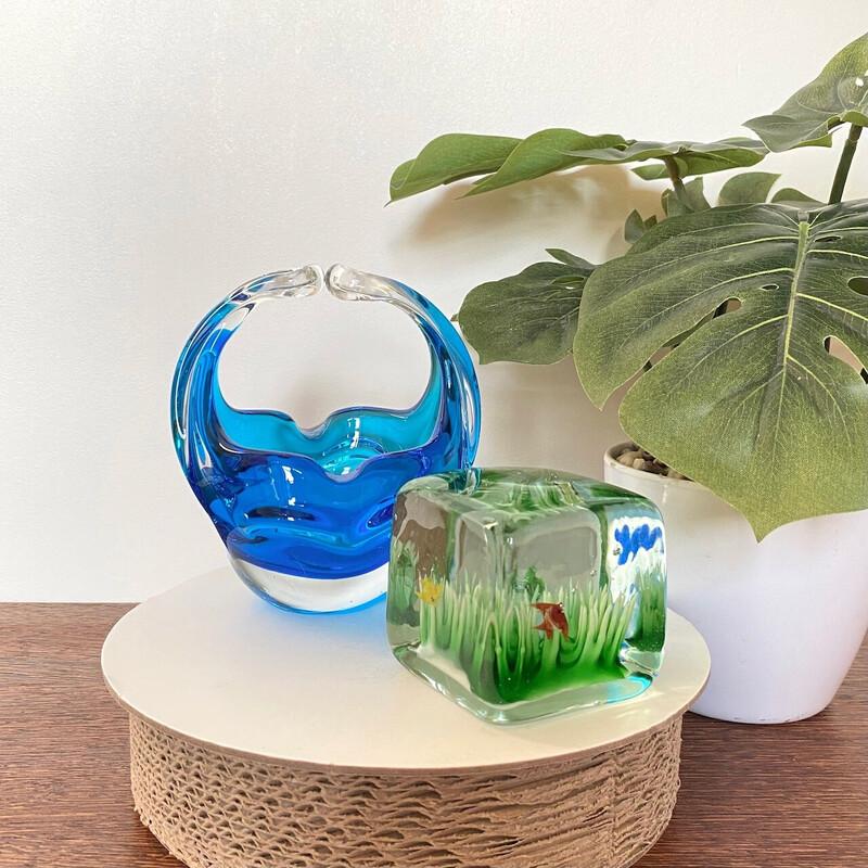 Bol vintage en verre de Murano bleu et transparent