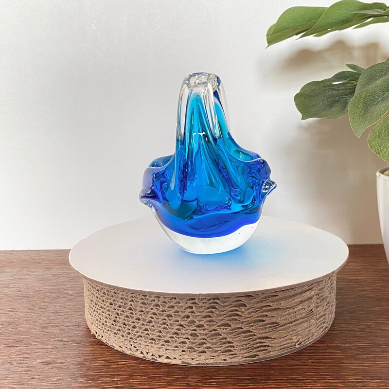 Vintage Schale aus klarem und blauem Muranoglas