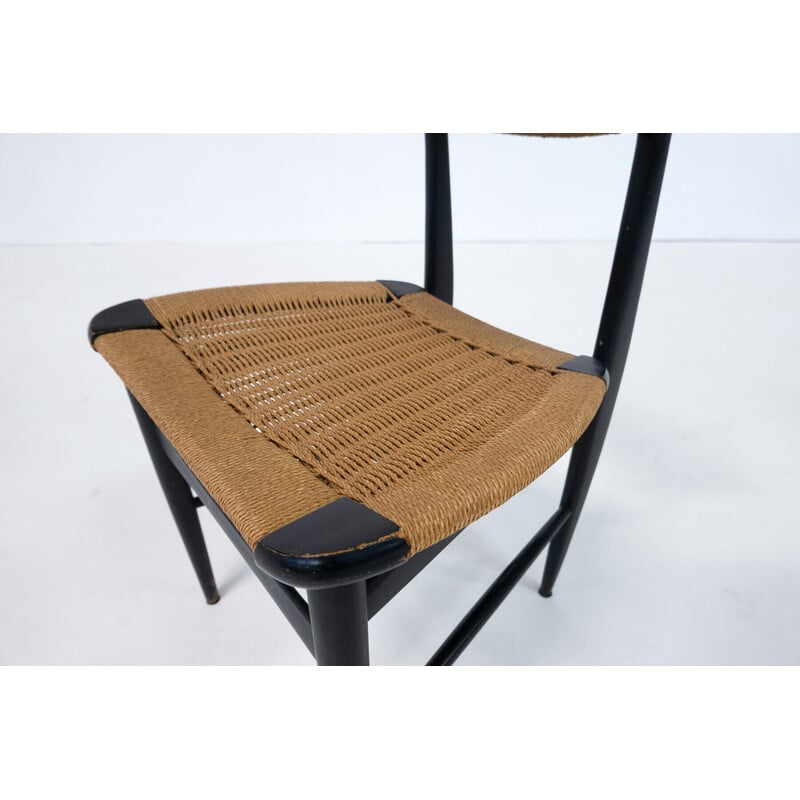 Satz von 6 Stühlen aus der Mitte des Jahrhunderts aus schwarzem Holz und Seil, Italien 1960er