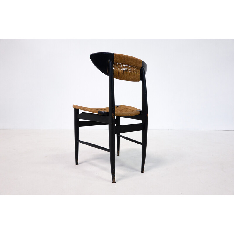 Ensemble de 6 chaises vintage en bois noir et corde, Italie 1960