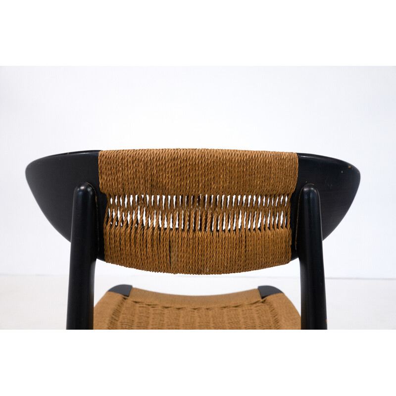 Set of 6 mid-century chairs in black wood and rope, Italy 1960s