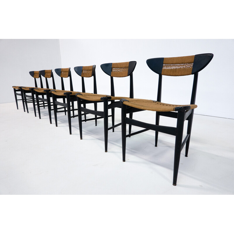 Set van 6 mid-eeuwse stoelen in zwart hout en touw, Italië 1960