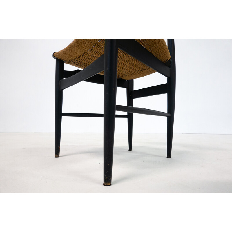 Set of 6 mid-century chairs in black wood and rope, Italy 1960s