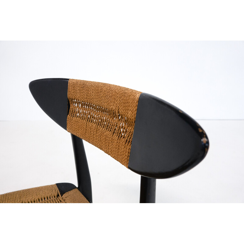 Ensemble de 6 chaises vintage en bois noir et corde, Italie 1960