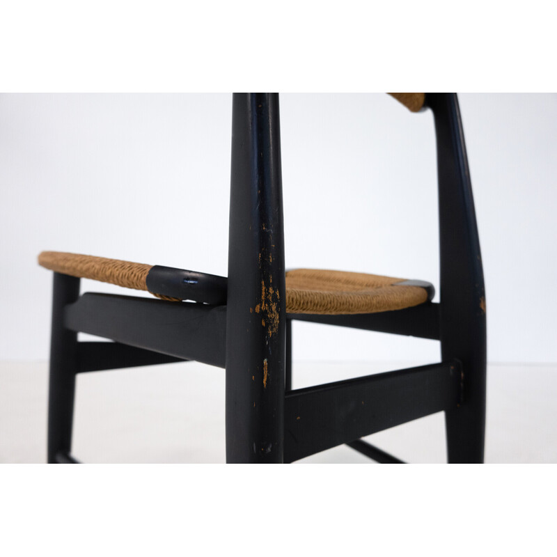 Ensemble de 6 chaises vintage en bois noir et corde, Italie 1960