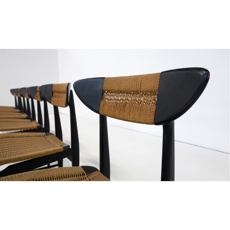 Conjunto de 6 cadeiras de meados do século em madeira preta e corda, Itália, anos 60