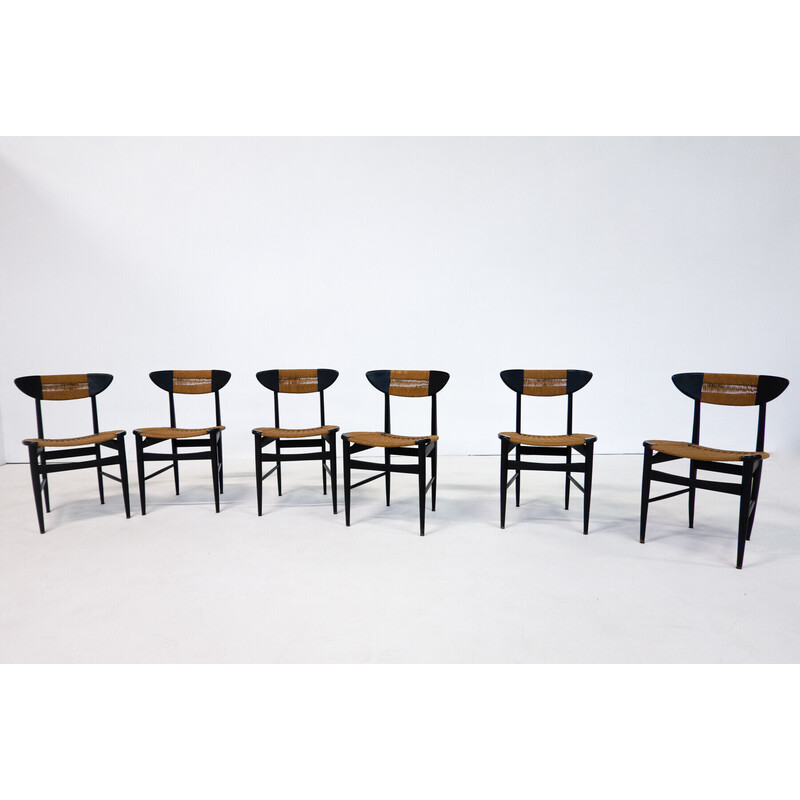 Ensemble de 6 chaises vintage en bois noir et corde, Italie 1960