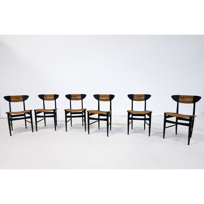Juego de 6 sillas de mediados de siglo en madera negra y cuerda, Italia años 60