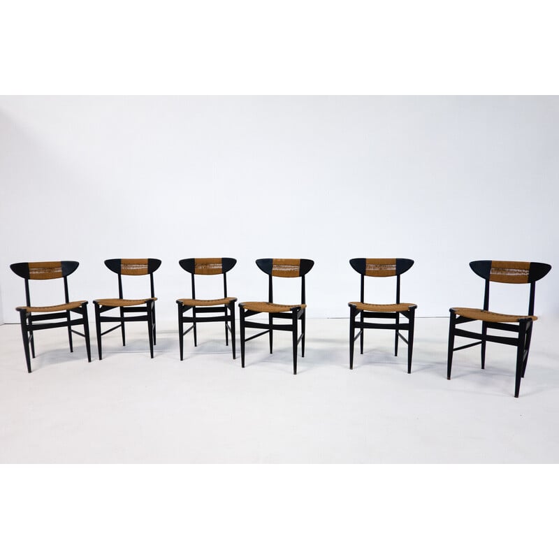 Set di 6 sedie di metà secolo in legno nero e corda, Italia 1960