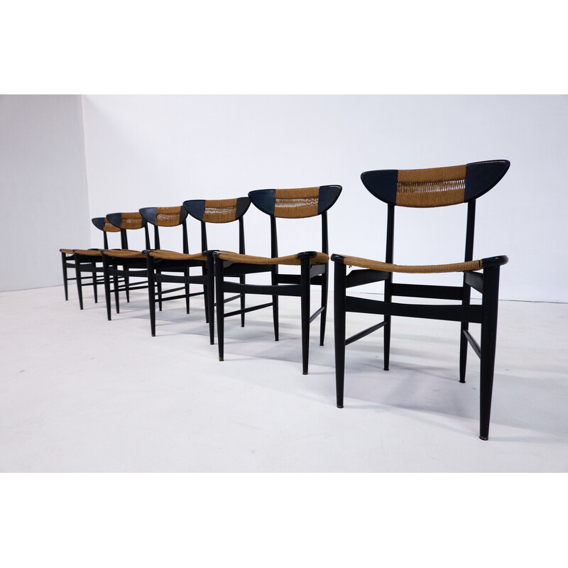 Set of 6 mid-century chairs in black wood and rope, Italy 1960s