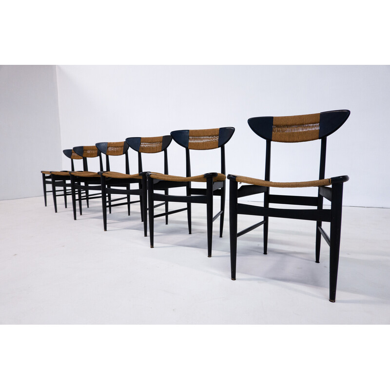 Set van 6 mid-eeuwse stoelen in zwart hout en touw, Italië 1960