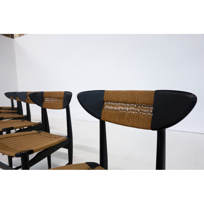 Set of 6 mid-century chairs in black wood and rope, Italy 1960s