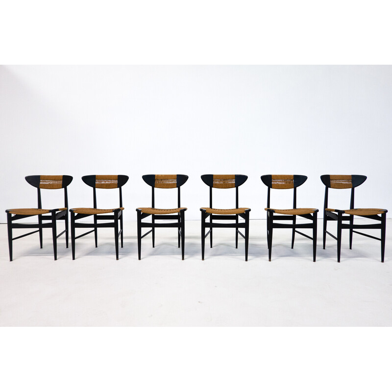 Set of 6 mid-century chairs in black wood and rope, Italy 1960s