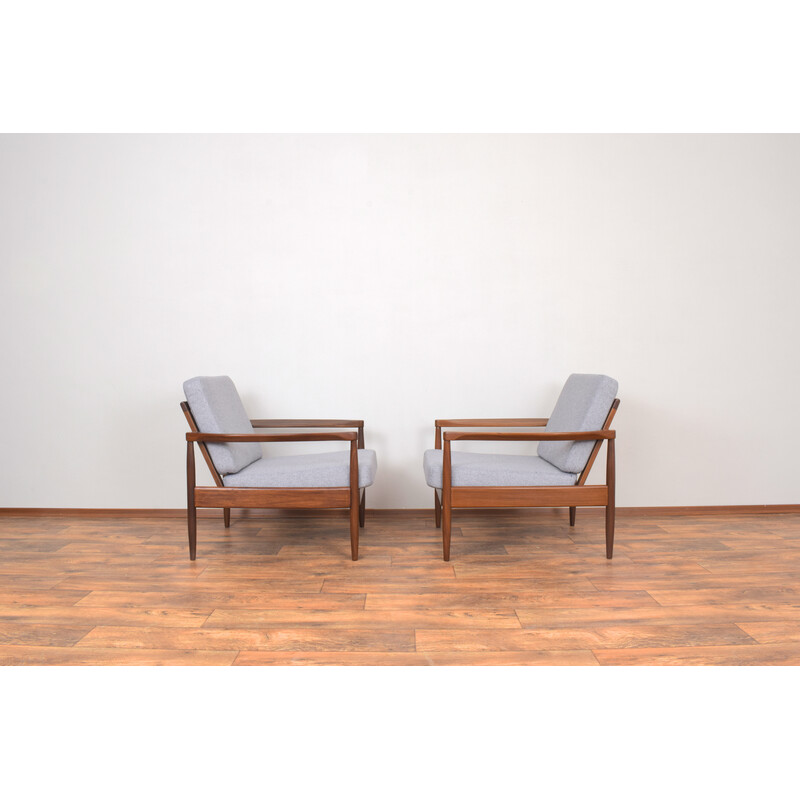 Pair of mid-century Danish teak and fabric armchairs, 1960s