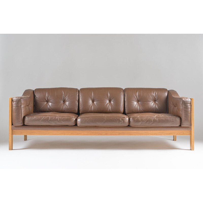 Swedish mid-century sofa in oak and leather Ingvar Stockum - 1960s