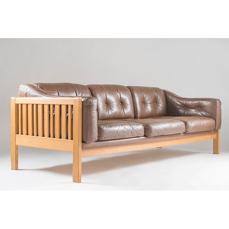 Swedish mid-century sofa in oak and leather Ingvar Stockum - 1960s