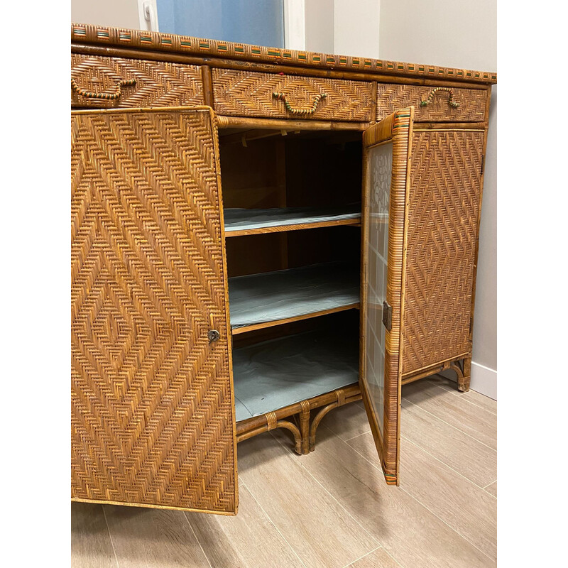 Credenza vintage Arts and Crafts in legno di rattan, bambù e vetro, Inghilterra