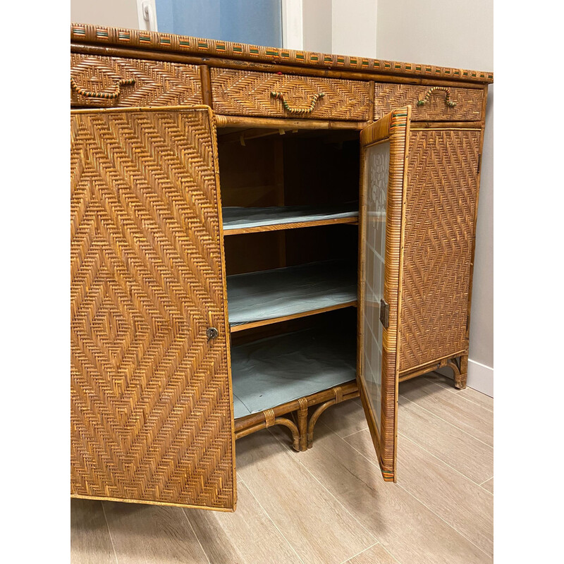 Vintage Arts and Crafts highboard in rattan wood, bamboo and glass, England