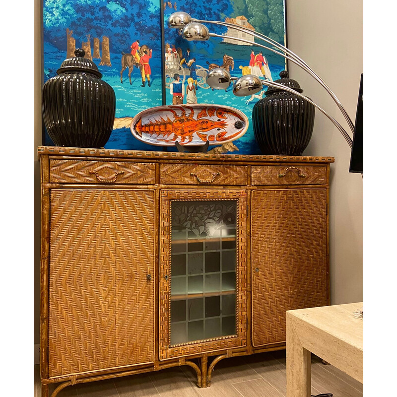 Vintage Arts and Crafts highboard in rattan wood, bamboo and glass, England