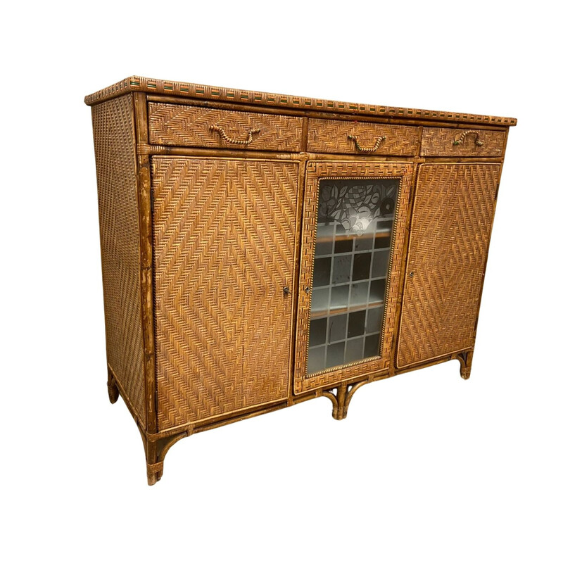 Vintage Arts and Crafts highboard in rattan wood, bamboo and glass, England