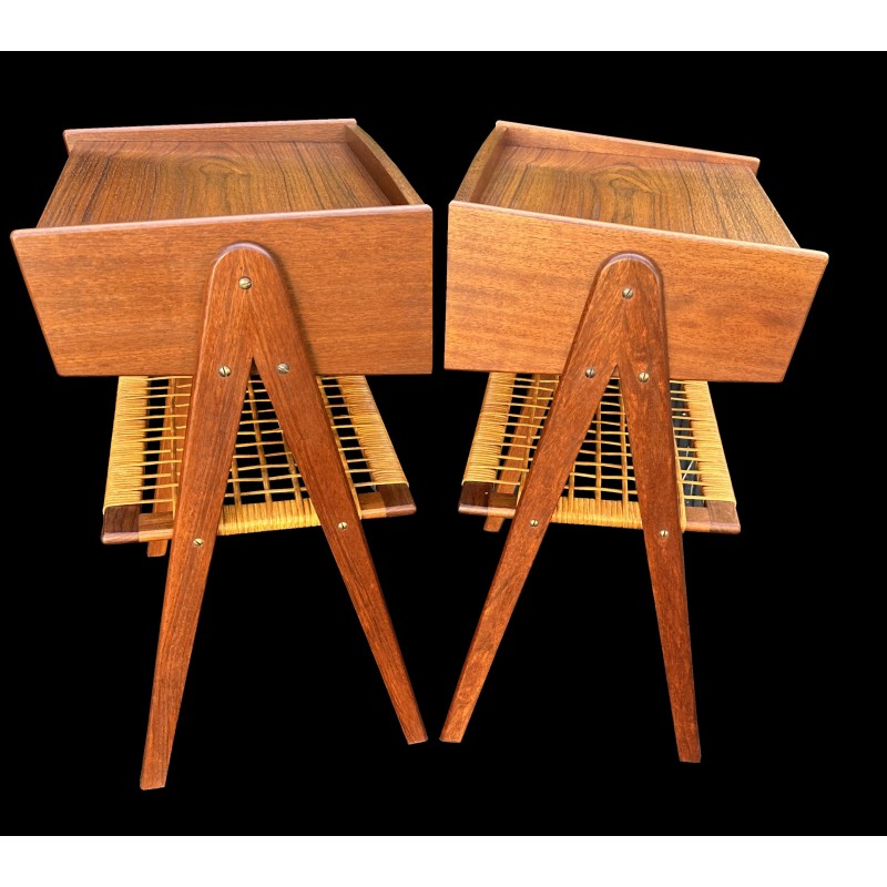 Paire de tables de nuit vintage en teck et rotin de Soren Rasmussen