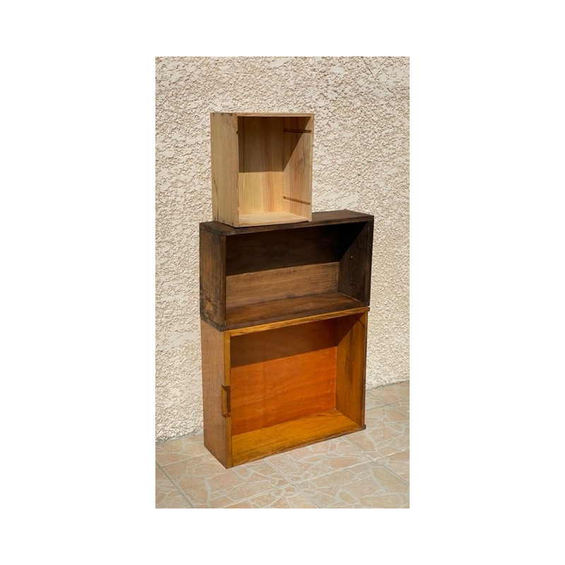 Vintage oakwood shelf with geometric drawers