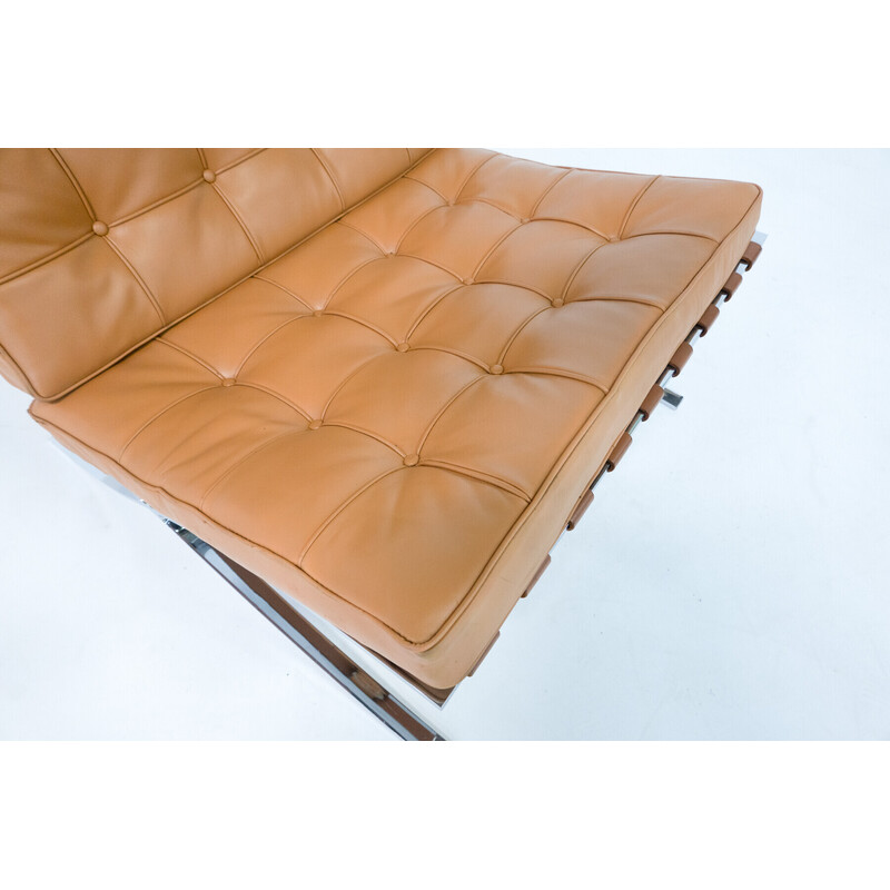 Pair of vintage cognac leather Barcelona armchairs by Mies Van Der Rohe for Knoll, 1990s