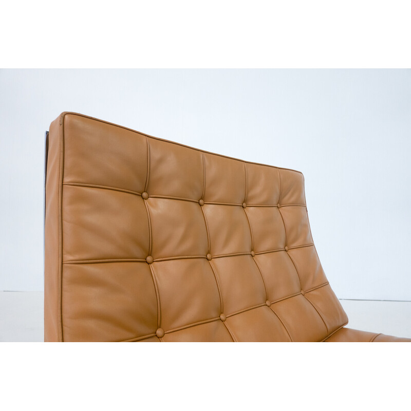 Pair of vintage cognac leather Barcelona armchairs by Mies Van Der Rohe for Knoll, 1990s