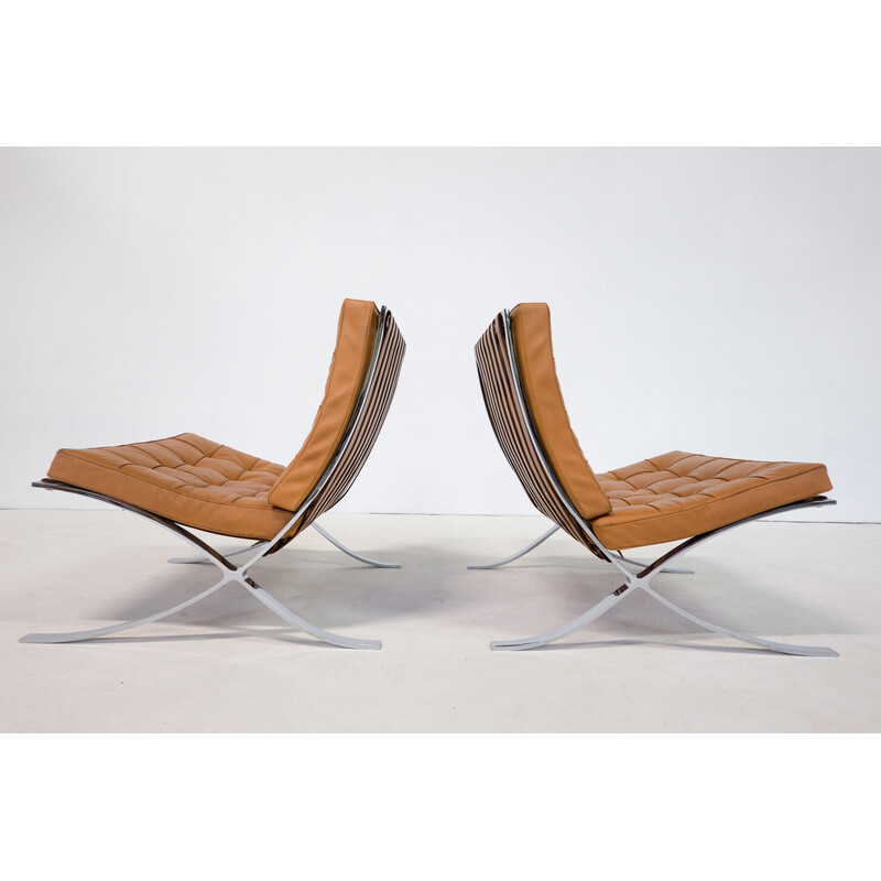 Pair of vintage cognac leather Barcelona armchairs by Mies Van Der Rohe for Knoll, 1990s