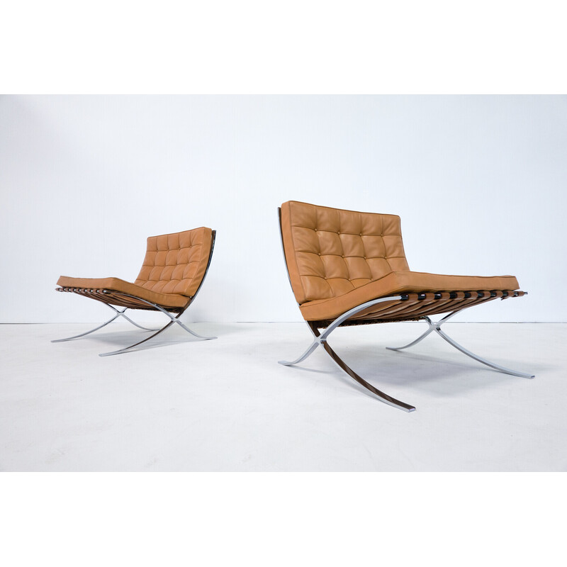 Pair of vintage cognac leather Barcelona armchairs by Mies Van Der Rohe for Knoll, 1990s