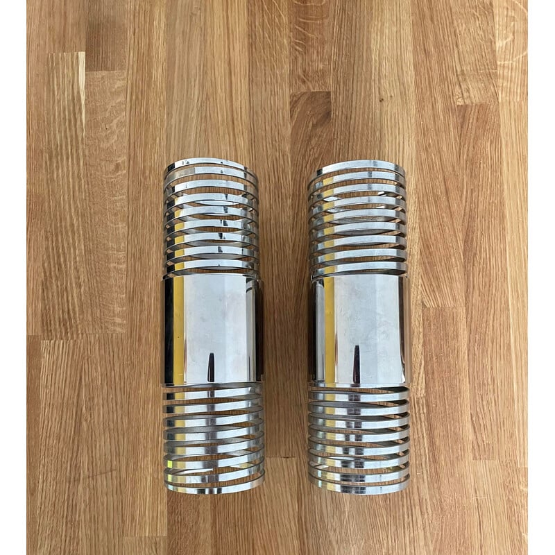 Pair of vintage "Ressort" wall lamps in chromed metal, France 1970