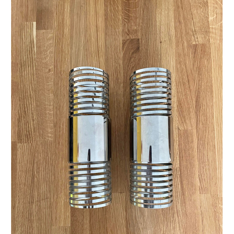 Pair of vintage "Ressort" wall lamps in chromed metal, France 1970