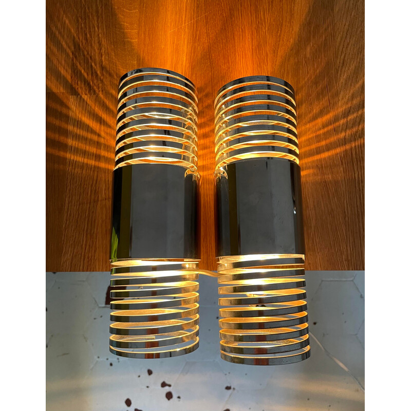 Pair of vintage "Ressort" wall lamps in chromed metal, France 1970