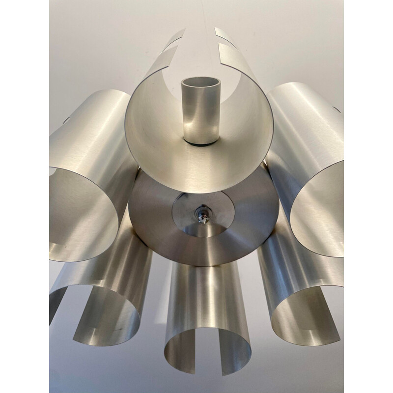 Vintage modernist chandelier in brushed metal, France 1970