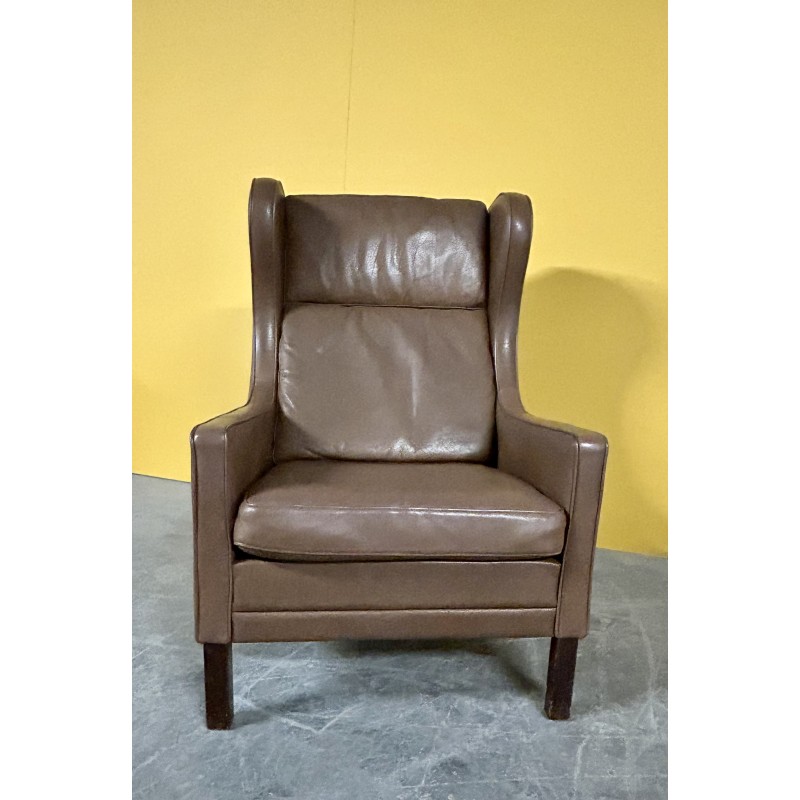Danish vintage brown leather high back armchair, 1960s