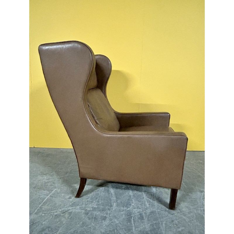 Danish vintage brown leather high back armchair, 1960s