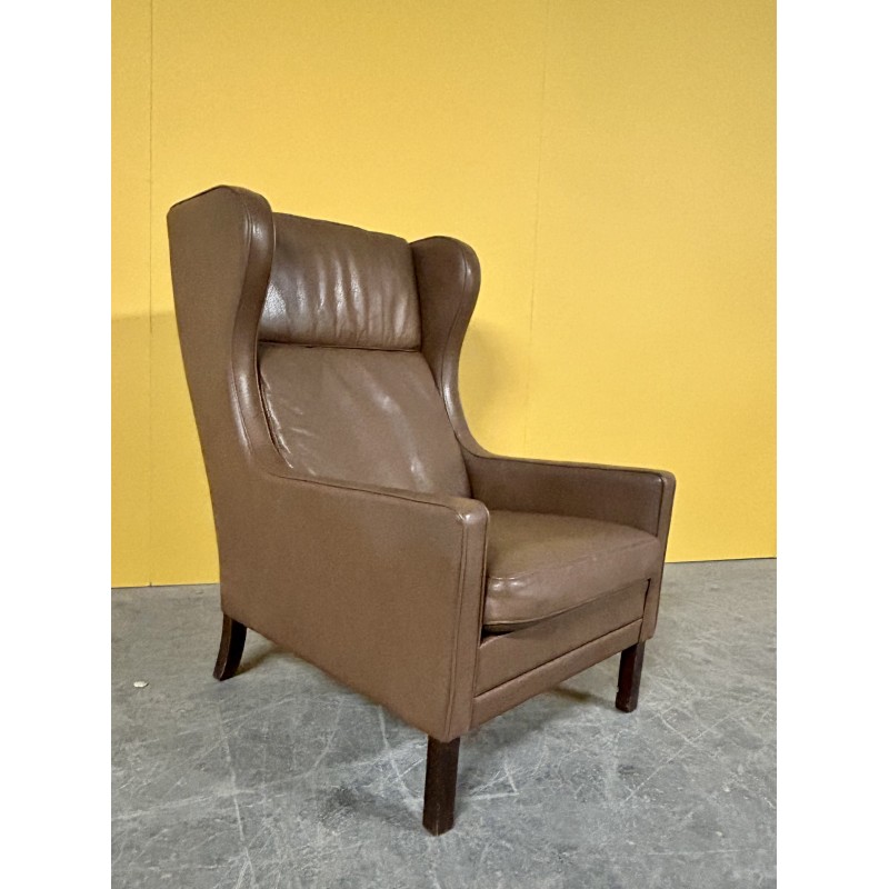 Danish vintage brown leather high back armchair, 1960s