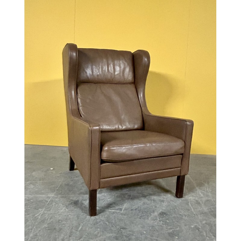 Danish vintage brown leather high back armchair, 1960s