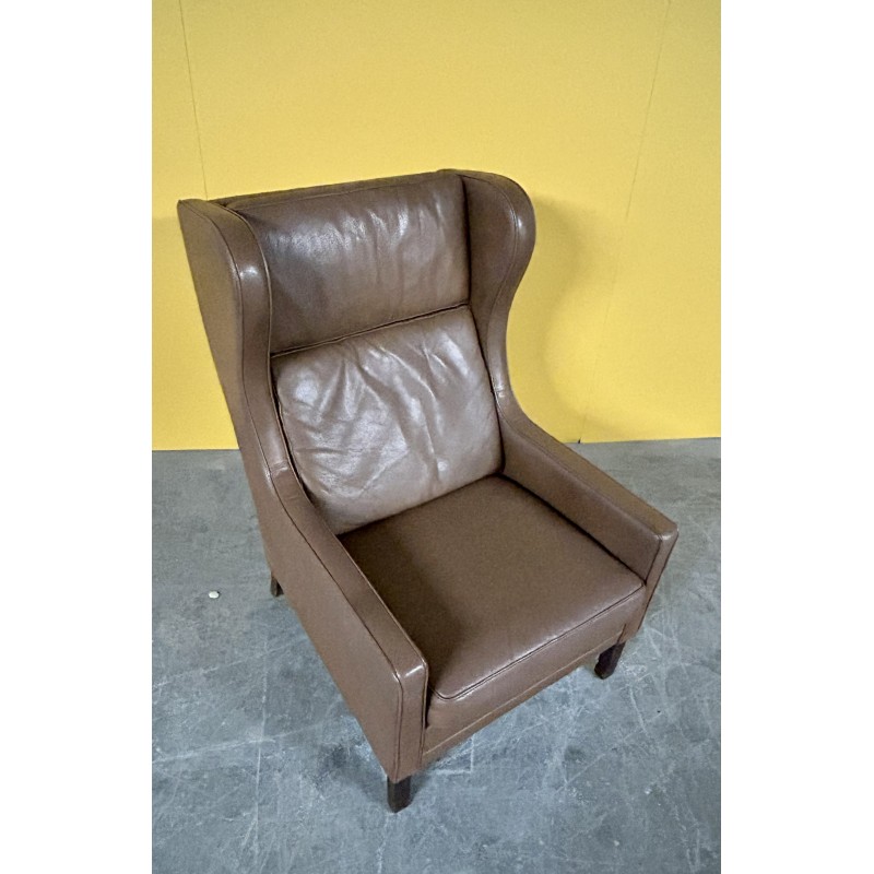 Danish vintage brown leather high back armchair, 1960s